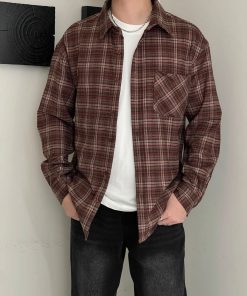 Men's Long-Sleeve Plaid Flannel Shirt 'Maroon/Khaki'