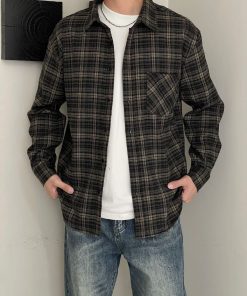 Men's Long-Sleeve Plaid Flannel Shirt 'Khaki/Navy'