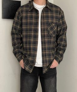 Men's Long-Sleeve Plaid Flannel Shirt 'Mustard Grey'