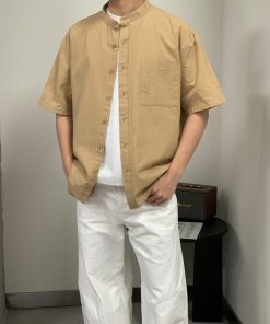 Men's Short Sleeve Stand Collar Button-Front Shirt 'Beige'