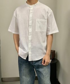 Men's Short Sleeve Stand Collar Button-Front Shirt 'White'