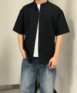 Men's Short Sleeve Stand Collar Button-Front Shirt 'Black'