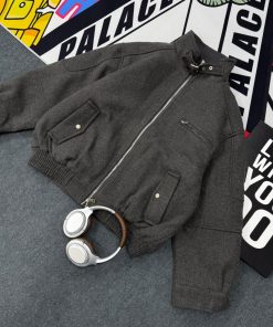 Wool-Blend Bomber Stand Collar Jacket 'Charcoal'