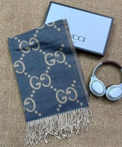 Premium Wool–Silk Blend Luxury All-Season Lightweight Blueish Grey/Beige Scarf