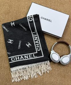 Premium Wool–Silk Blend Luxury All-Season Lightweight Chanel Black Scarf