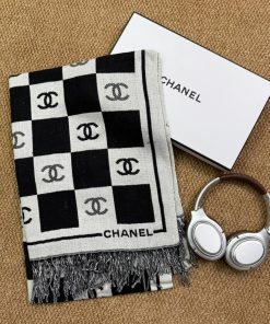 Premium Wool–Silk Blend Luxury All-Season Lightweight Chanel Black/White Scarf