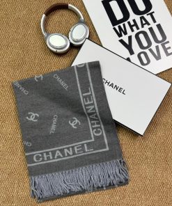 Premium Wool–Silk Blend Luxury All-Season Lightweight Chanel Charcoal Grey Scarf
