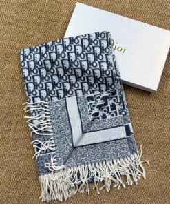 Premium Wool–Silk Blend Luxury All-Season Lightweight Dior Navy Blue Scarf