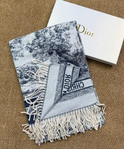 Premium Wool–Silk Blend Luxury All-Season Lightweight Dior Navy/White Scarf