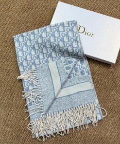 Premium Wool–Silk Blend Luxury All-Season Lightweight Dior Off-white/Sky Blue Scarf