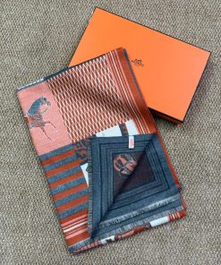 Premium Wool–Silk Blend Luxury All-Season Lightweight Multicolor Orange/Grey Scarf