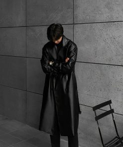 Vintage Long Trench Leather-Jacket Smooth Black