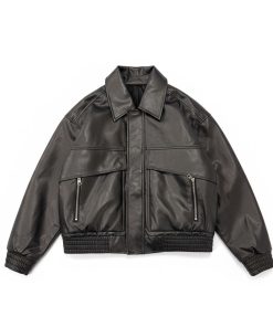 Classic Black Leather Bomber Jacket