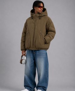 Curved Panel Insulated Hooded Down Jacket 'Sand-Brown'