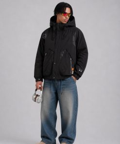 Matte Technical Hooded Geometric Panel Inlays Down Jacket 'Black'