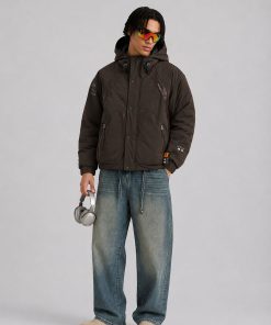 Matte Technical Hooded Geometric Panel Inlays Down Jacket 'Brown'