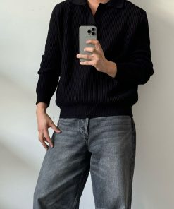 Men's Ribbed Knit Polo Sweater 'Black'