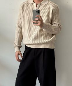 Men's Ribbed Knit Polo Sweater 'Cream'