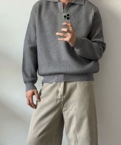 Men's Ribbed Knit Polo Sweater 'Grey'