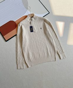 Premium Essentials Solid Quarter-Zip Cable-Knit Sweater 'Light Cream'