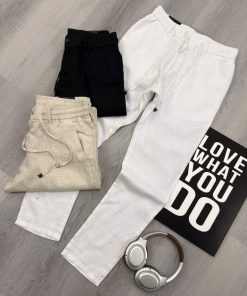 Linen Cotton Drawstring Pants Elastic Waist Relaxed Casual Trousers