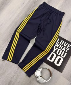 Side Yellow Stripe Track Pants Drawstring Waist Relaxed Sport Streetwear Trouser