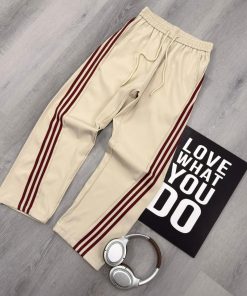 Side Red Stripe Track Pants Drawstring Waist Relaxed Sport Streetwear Trouser
