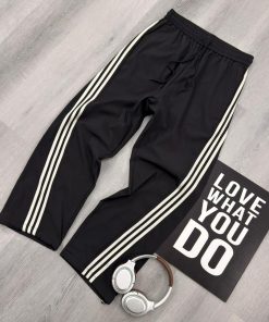 Side White Stripe Track Pants Drawstring Waist Relaxed Sport Streetwear Trouser