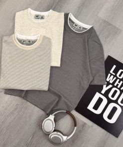 Striped Knit T Shirt Textured Crewneck Short Sleeve Casual Streetwear Tee