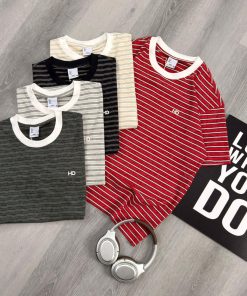 Striped Crewneck T Shirt Contrast Rib Casual Streetwear Cotton Tee