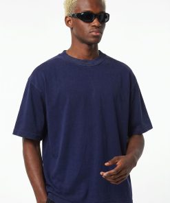 Oversized Cotton Classic Navy T-shirt High Ribbed Collar Minimal Streetwear Tee