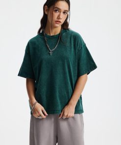 Oversized Washed Cotton Green T-shirt Vintage Fade Streetwear Short Sleeve Tee
