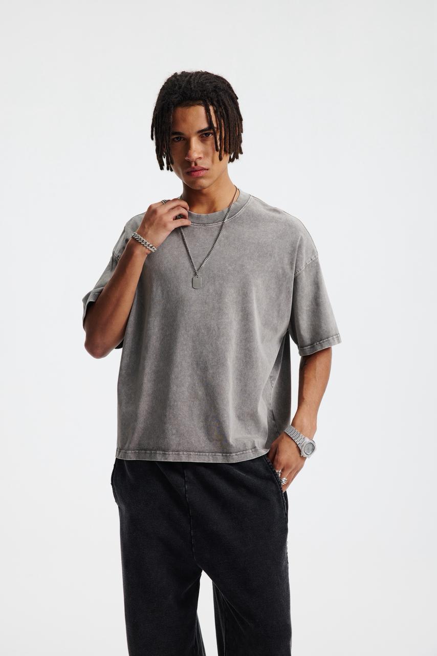 Oversized Washed Cotton Grey T-shirt Vintage Fade Streetwear Short Sleeve Tee