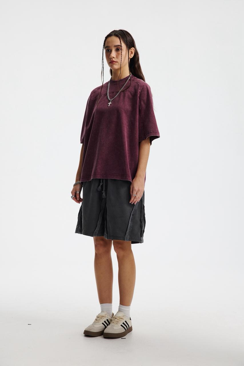 Oversized Washed Wine Red T-shirt Vintage Seam Detail Streetwear Short Sleeve Tee - Image 11