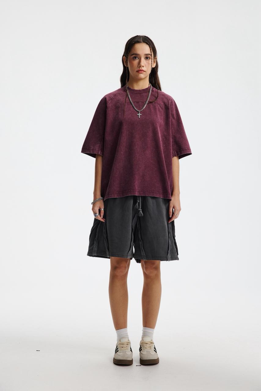 Oversized Washed Wine Red T-shirt Vintage Seam Detail Streetwear Short Sleeve Tee - Image 4