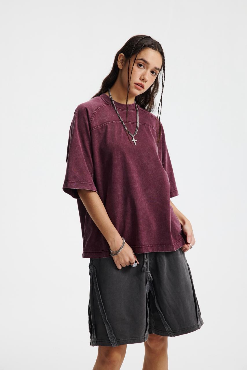 Oversized Washed Wine Red T-shirt Vintage Seam Detail Streetwear Short Sleeve Tee - Image 9