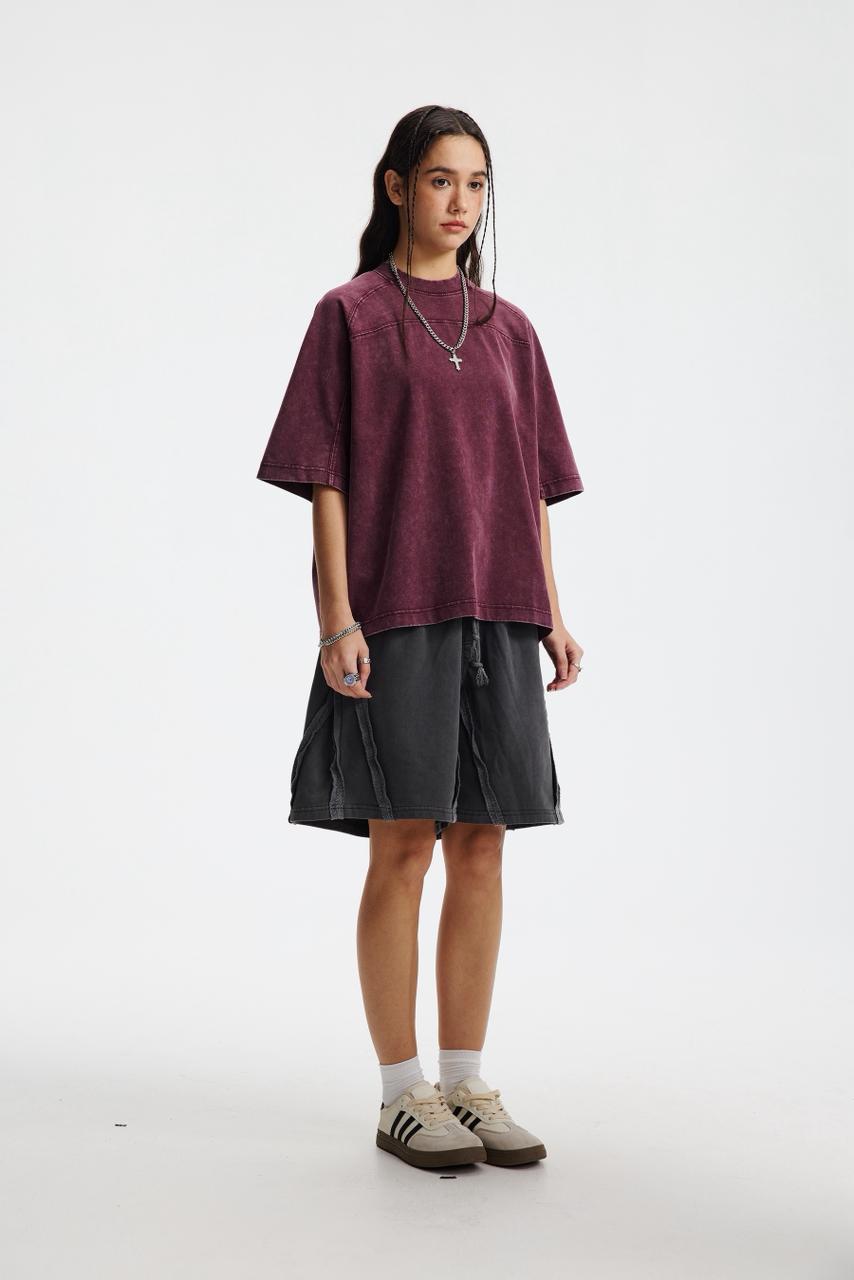 Oversized Washed Wine Red T-shirt Vintage Seam Detail Streetwear Short Sleeve Tee - Image 10
