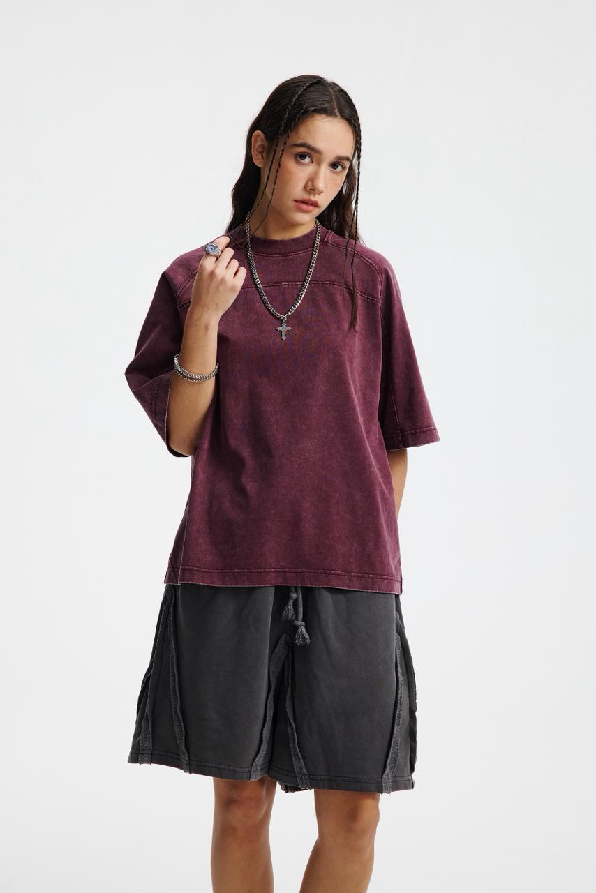 Oversized Washed Wine Red T-shirt Vintage Seam Detail Streetwear Short Sleeve Tee - Image 8