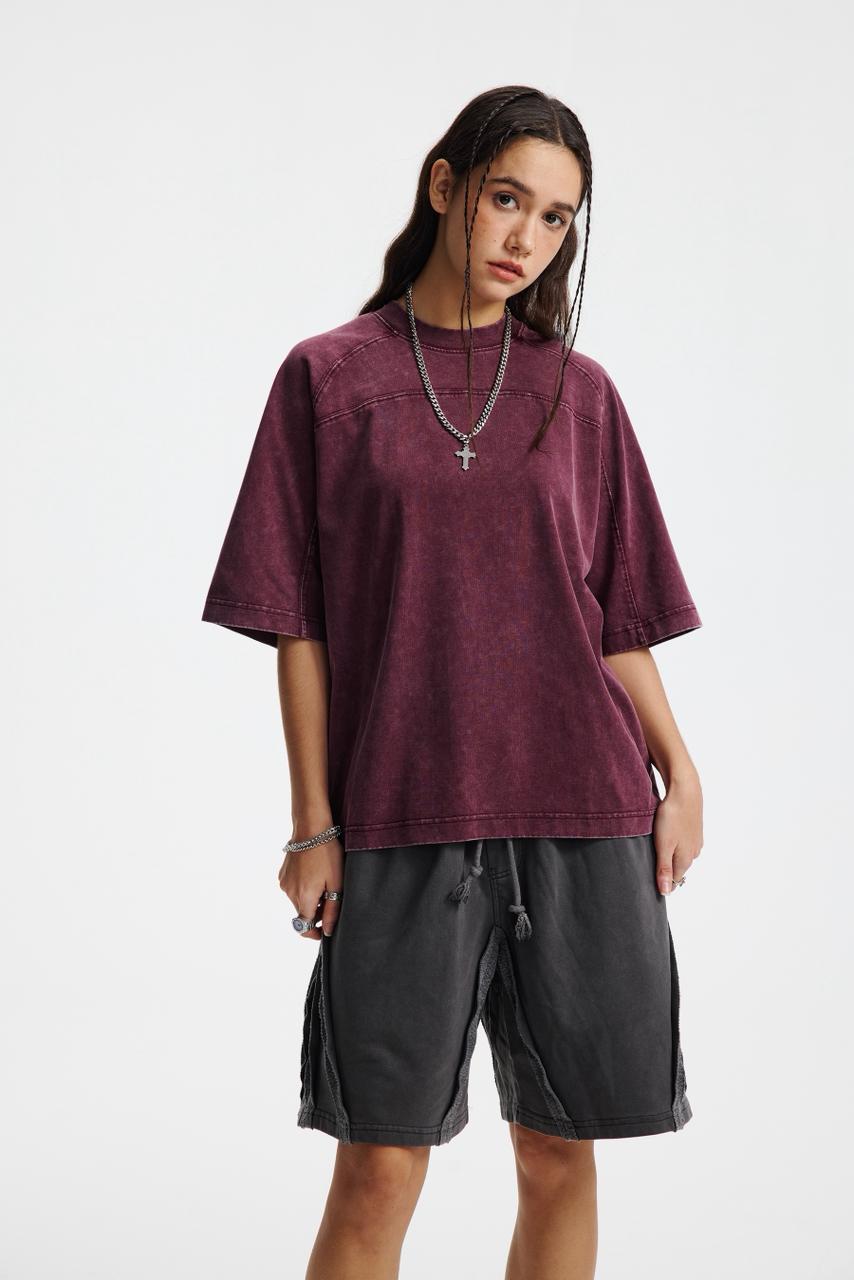 Oversized Washed Wine Red T-shirt Vintage Seam Detail Streetwear Short Sleeve Tee
