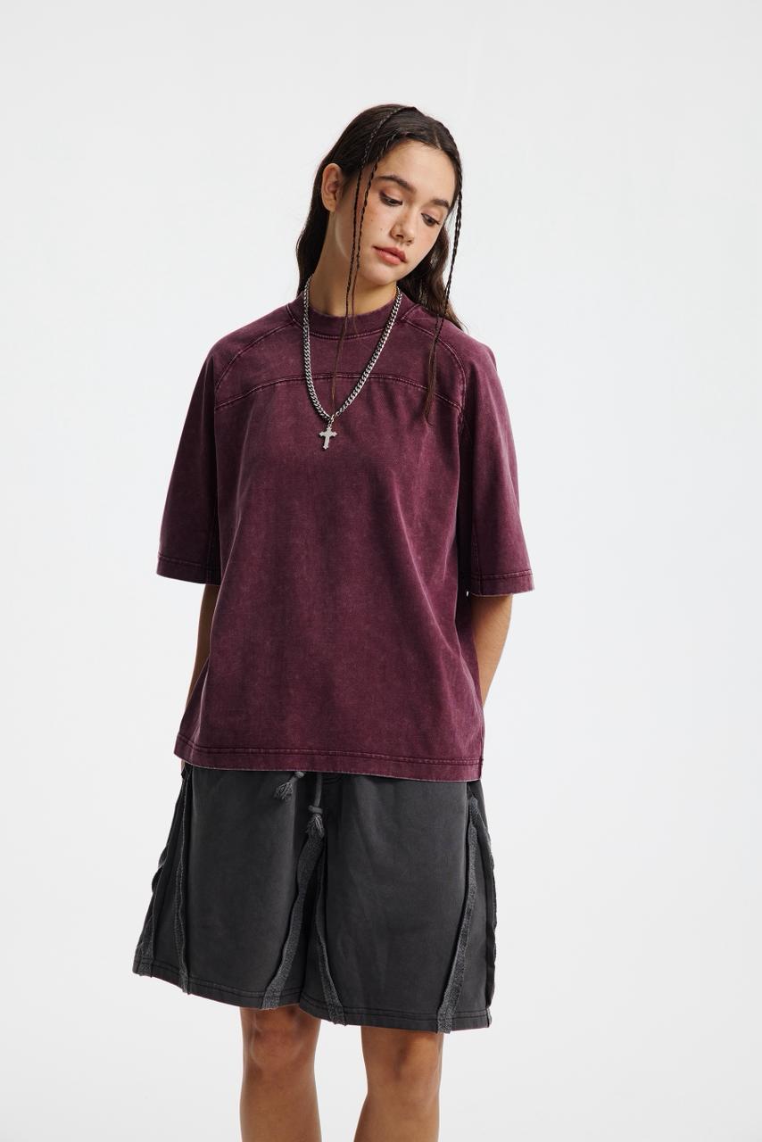 Oversized Washed Wine Red T-shirt Vintage Seam Detail Streetwear Short Sleeve Tee - Image 6