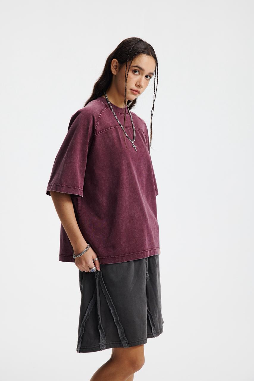 Oversized Washed Wine Red T-shirt Vintage Seam Detail Streetwear Short Sleeve Tee - Image 5