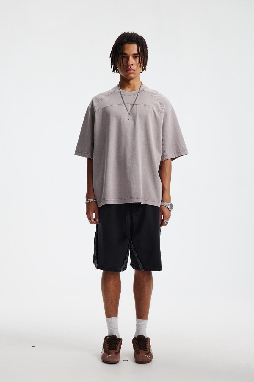 Oversized Washed Ash Grey T-shirt Vintage Seam Detail Streetwear Short Sleeve Tee - Image 5
