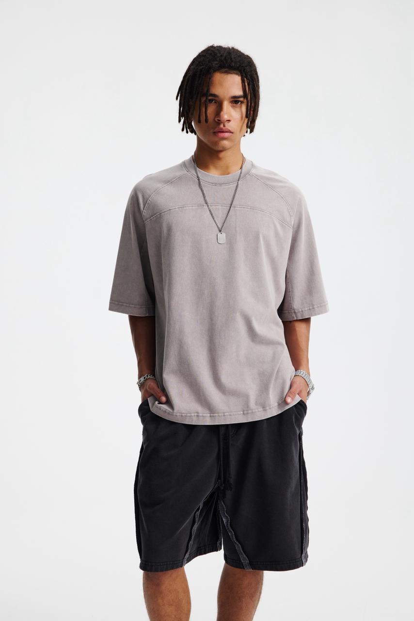 Oversized Washed Ash Grey T-shirt Vintage Seam Detail Streetwear Short Sleeve Tee - Image 4