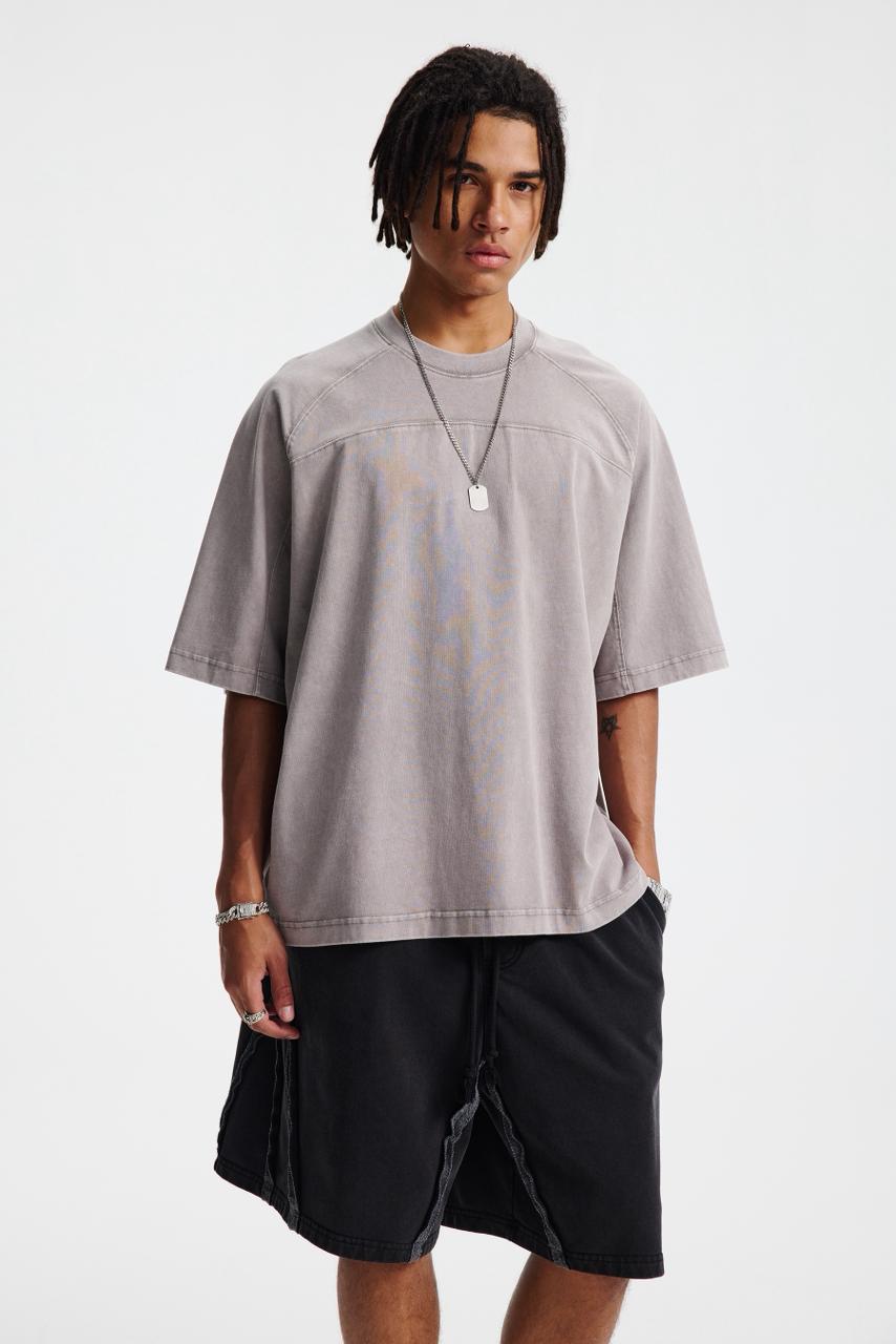 Oversized Washed Ash Grey T-shirt Vintage Seam Detail Streetwear Short Sleeve Tee