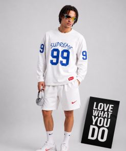 Premium Graphic Long Sleeve Cotton T Shirt Casual Streetwear Tee White/Blue