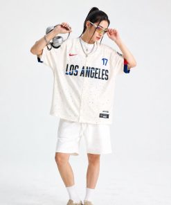 Premium Paint Splash Baseball Jersey Oversized Button Up Sports Shirt Cream Blue