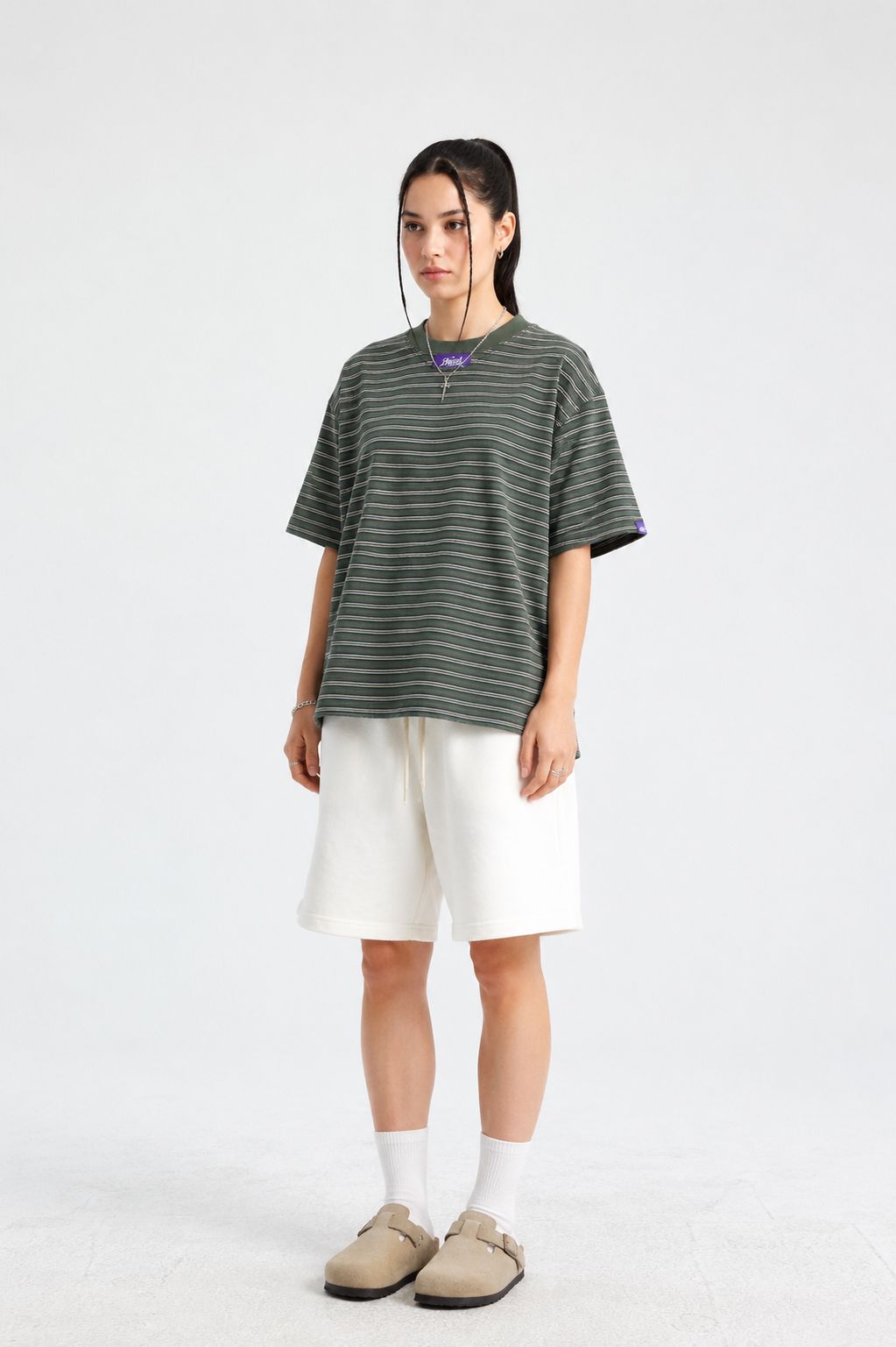 Premium Oversized Striped Cotton T-Shirt Olive Green - Image 4