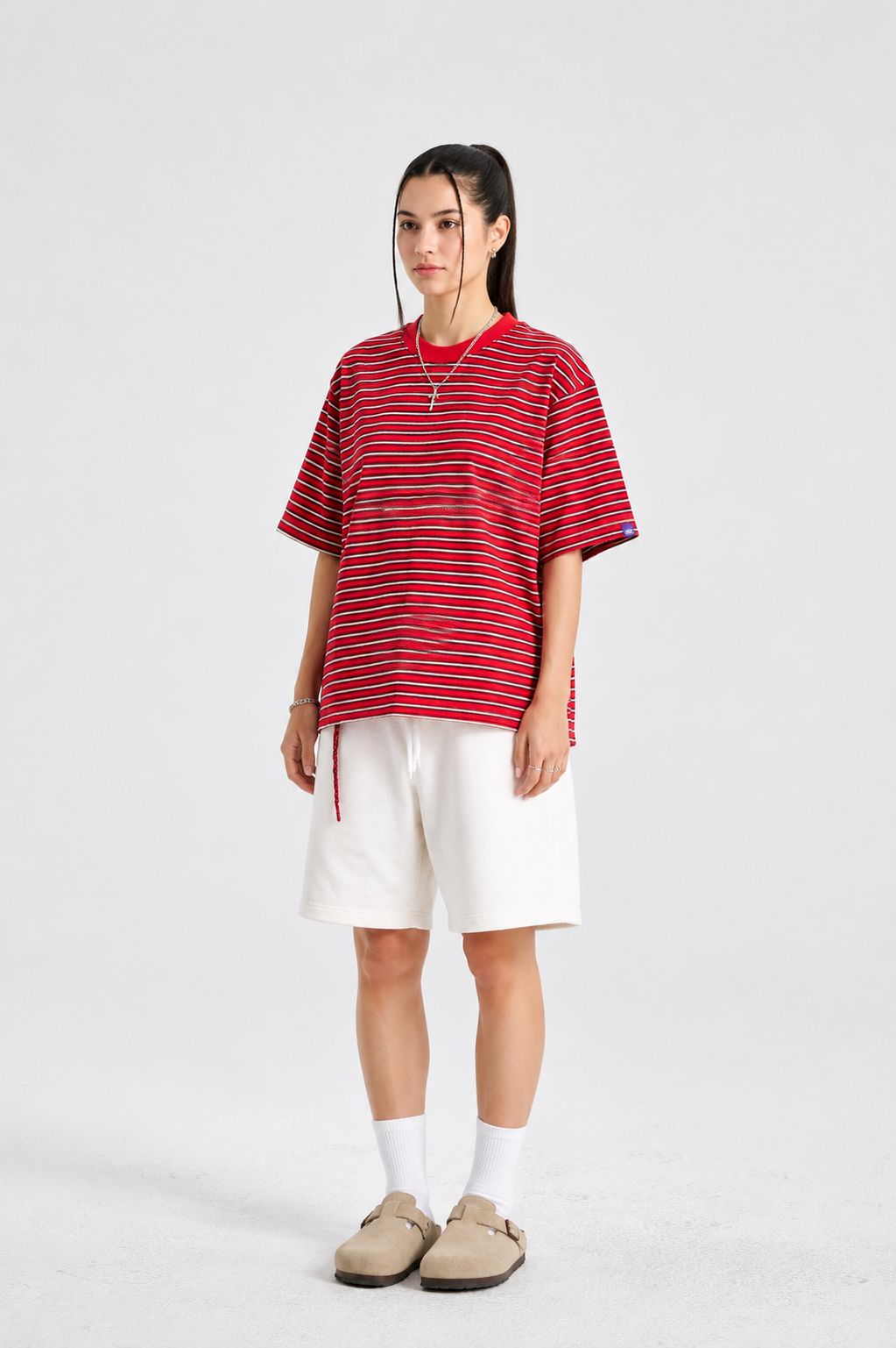 Premium Oversized Striped Cotton T-Shirt Red - Image 5