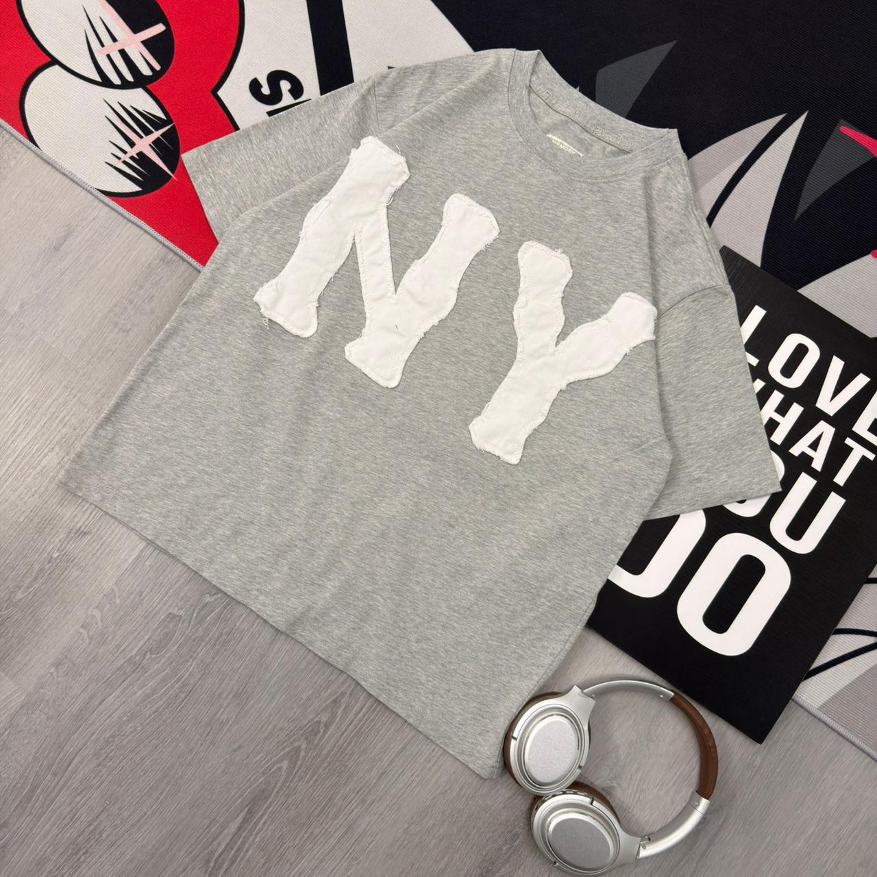 Premium Oversized NY Patch Cotton T-Shirt Grey - Image 3
