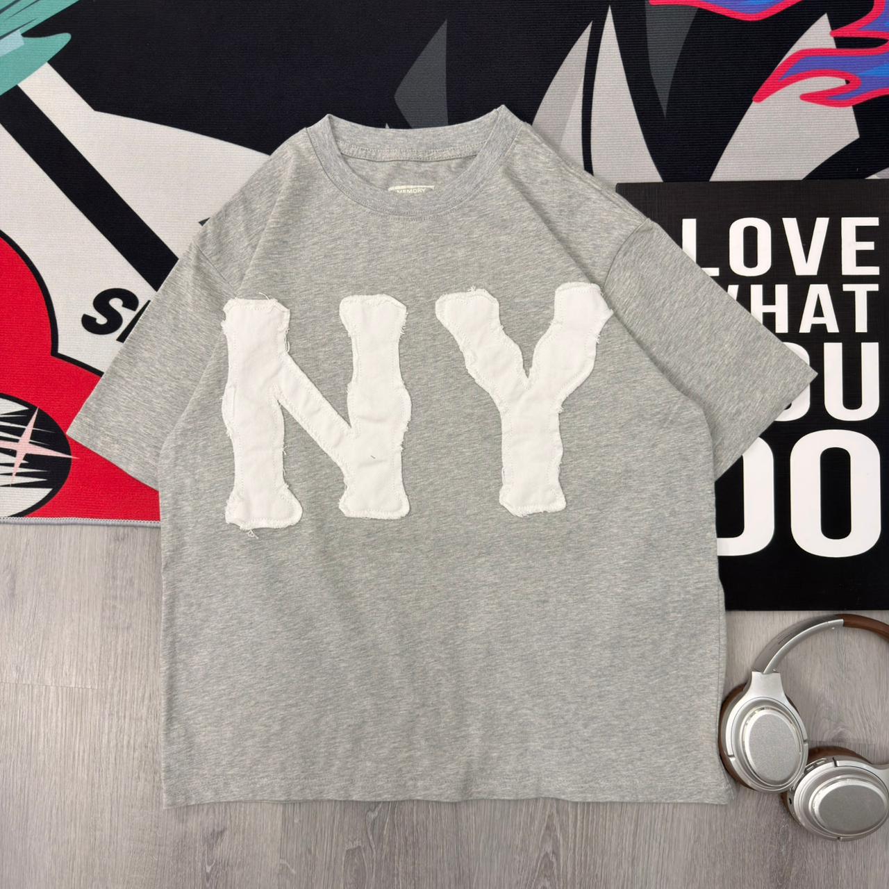 Premium Oversized NY Patch Cotton T-Shirt Grey - Image 2
